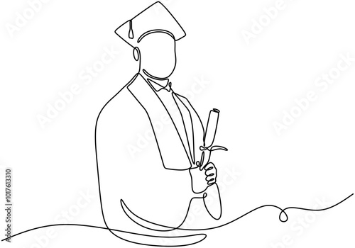 Individual in a graduation gown in one continuous line drawing. Celebrating educational success and milestones.