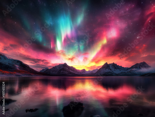 A high-resolution wallpaper featuring the aurora glowing over a serene lake, with a mountain range in the distance. photo