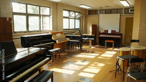 The music room in the school building is filled with instruments and melodies, nurturing students' musical talents