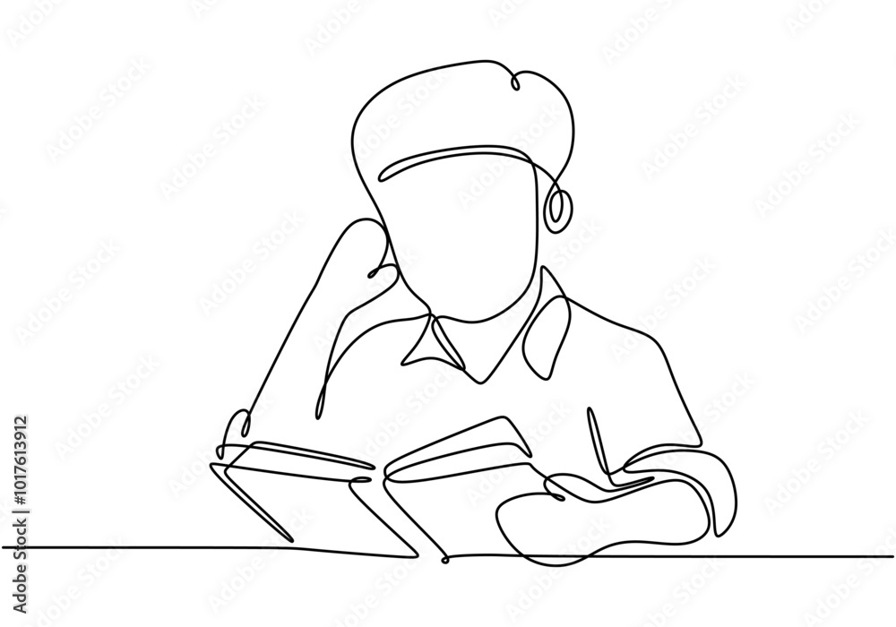 Boy reading a book in continuous line art. Minimalist design for themes of education and learning. Boy reading a book in continuous line art. Minimalist design for themes of education and learning.