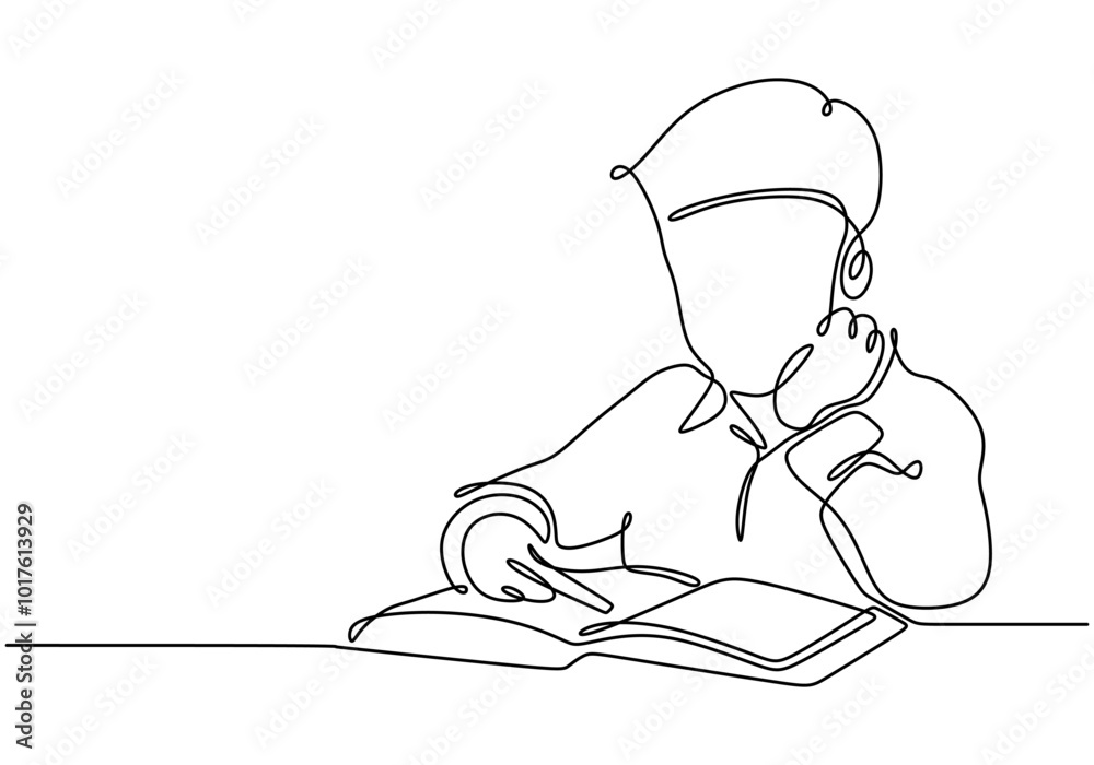 Continuous line drawing of a boy with a book. Simplified design emphasizing education and knowledge. Continuous line drawing of a boy with a book. Simplified design emphasizing education and knowledge.
