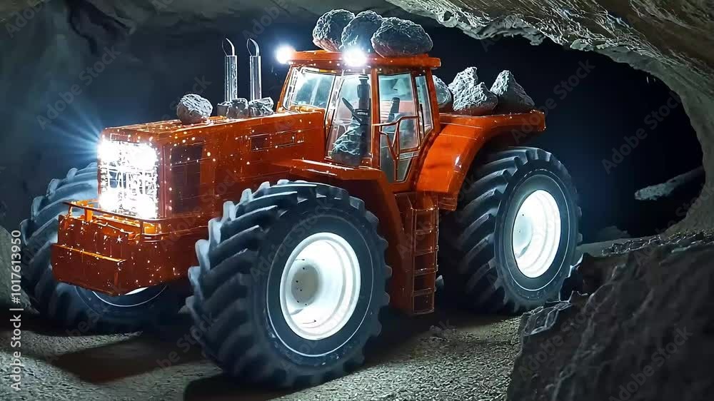A large orange tractor with headlights on, driving through a dark cave, hauling rocks. A large orange tractor with headlights on, driving through a dark cave, hauling rocks.