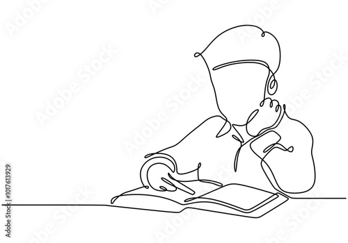 Continuous line drawing of a boy with a book. Simplified design emphasizing education and knowledge.