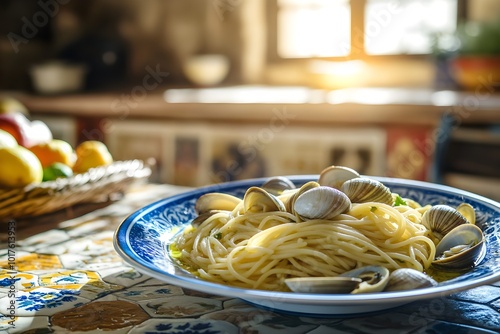 Close-up of a plate of pasta alle vongole, fresh clams nestled in a bed of spaghetti, glistening with olive oil and garlic, placed on a table with intricate Sicilian tiles, warm light filtering photo