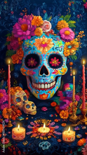 A vibrant and colorful sugar skull adorned with intricate floral designs, set against the backdrop of an elaborate altar filled with candles, flowers, candy skulls, marigolds, blue walls