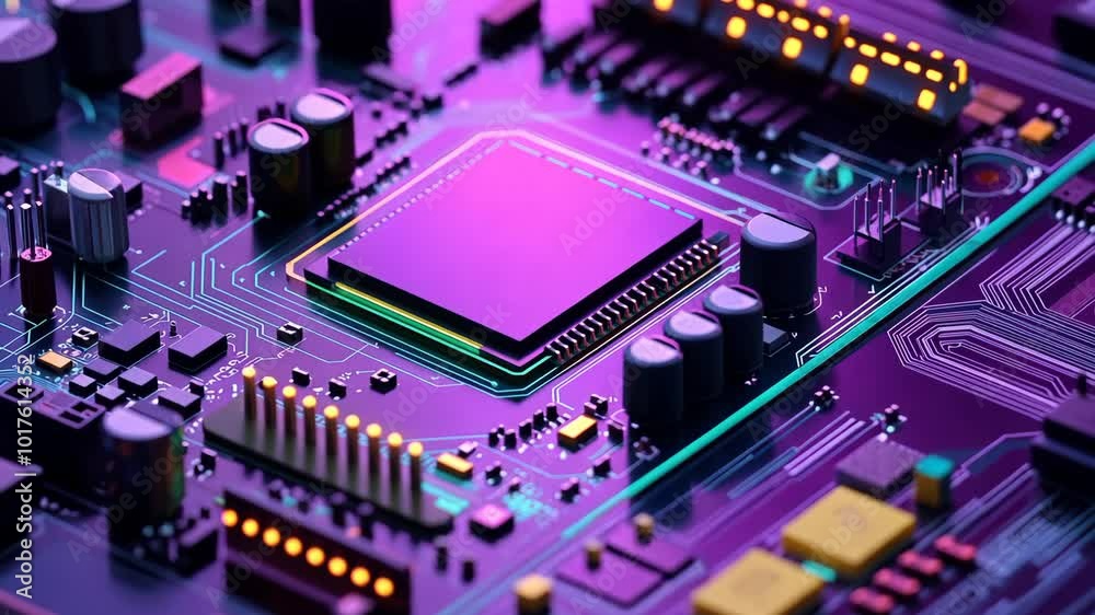 A close-up view of a circuit board with a purple chip in the center, surrounded by smaller components and intricate wiring A close-up view of a circuit board with a purple chip in the center, surrounded by smaller components and intricate wiring