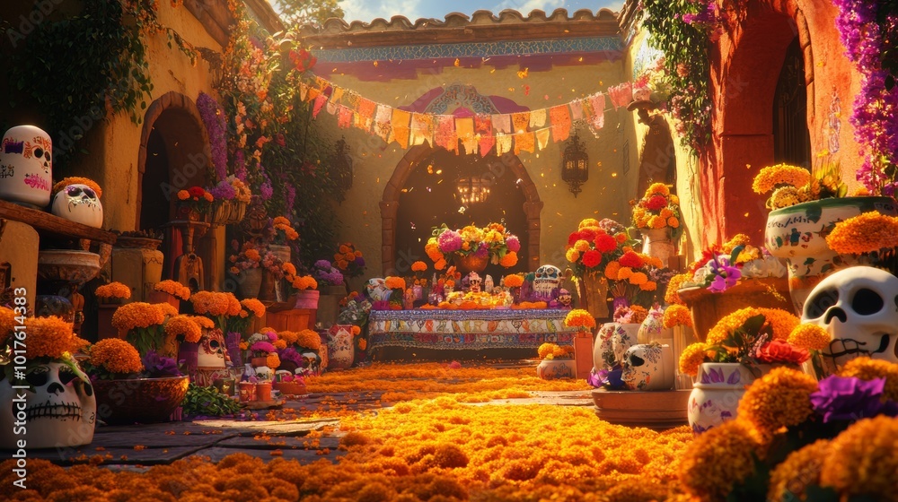 Fototapeta premium a vibrant day of the dead scene with colorful sugar skills,marigold flowers,and traditional altars,capturing the essence of celebration and remembrance in a lively real-life setting 