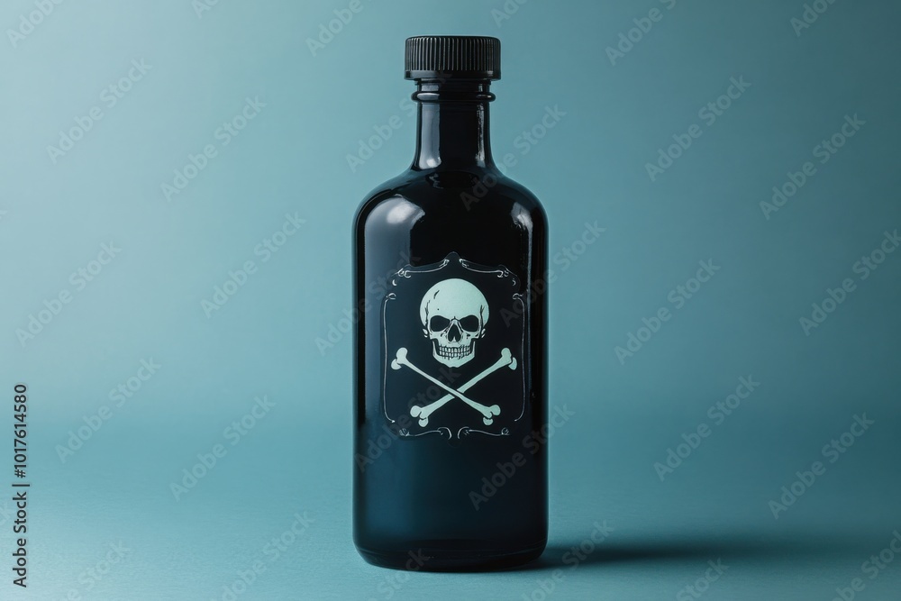 Dark glass bottle featuring skull and crossbones against a muted background Dark glass bottle featuring skull and crossbones against a muted background