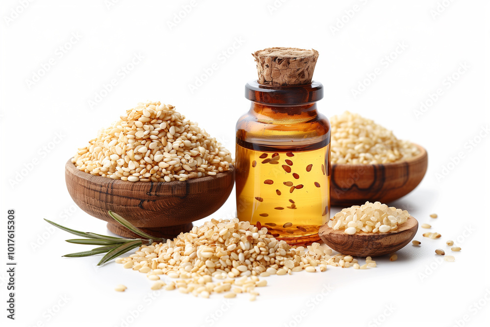 Sesame seeds in a wooden spoon And the extracted sesame oil is packed in a glass bottle.
Sesame seeds in a wooden spoon And the extracted sesame oil is packed in a glass bottle.