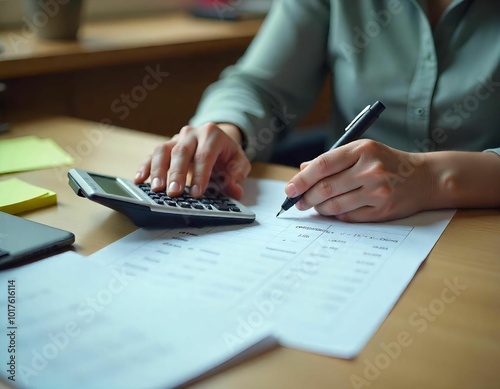 A person's hands using a calculator and writing on financial documents on a desk