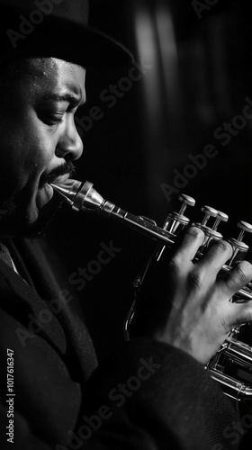 A black and white image capturing a musician deeply focused and passionately playing a trumpet, conveying the emotion and intensity of a jazz performance.