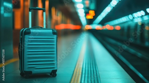 Lone suitcase abandoned on an empty train station platform at night conveying a sense of isolation loneliness and being left behind in a desolate urban environment photo