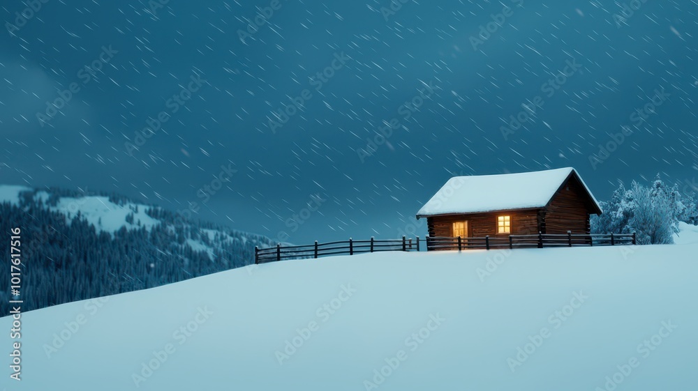 Fototapeta premium A serene winter scene featuring fluffy snow gently falling over a cozy mountain cabin.