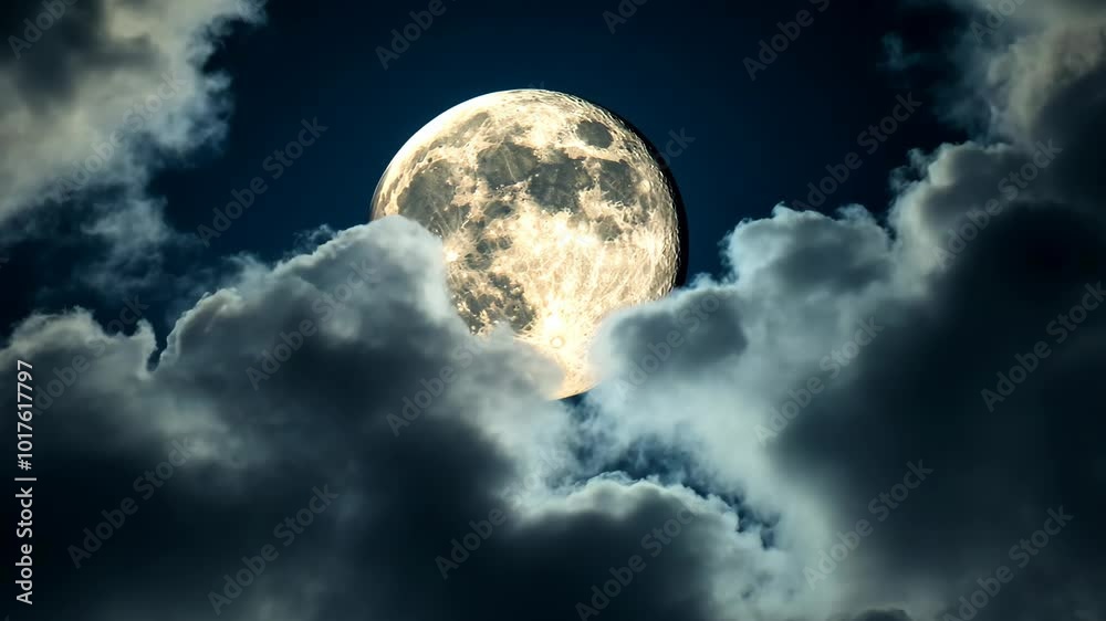 A full moon shines brightly through a layer of clouds in the night sky