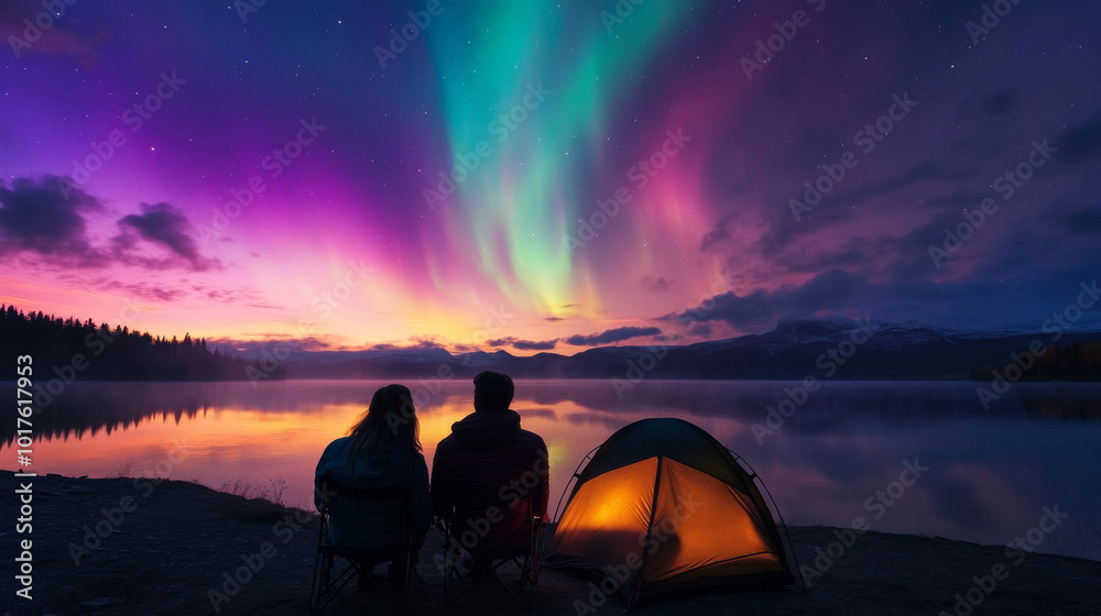 A peaceful scene of a couple camping under the Northern Lights, with the aurora reflecting off a nearby lake. A peaceful scene of a couple camping under the Northern Lights, with the aurora reflecting off a nearby lake.