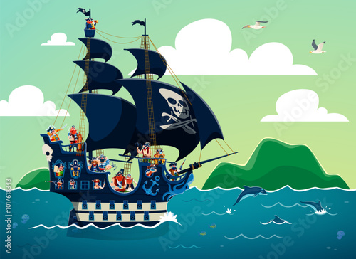 Pirate sail ship with corsair sailors, captain and boatswain characters, cartoon vector. Pirate ship or boat with Jolly Roger flag and corsairs aboard sailing to Caribbean adventure to treasure island photo