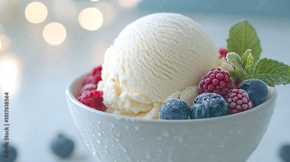 Ice cream topped with berries and mint in a bowl. Ice cream topped with berries and mint in a bowl.