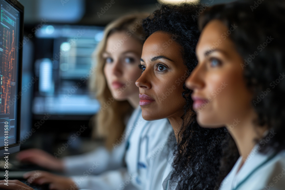 A group of women in engineering collaborating on technical designs, using computer models and advanced equipment in a modern lab. A group of women in engineering collaborating on technical designs, using computer models and advanced equipment in a modern lab.