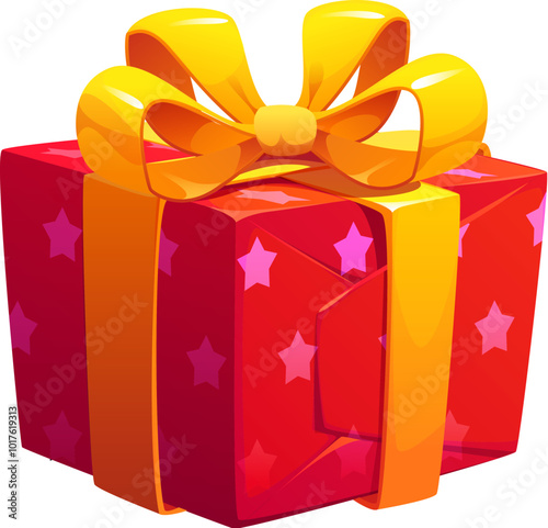 Cartoon festive red gift box decorated with pink stars and wrapped in a bright yellow ribbon bow. Isolated vector festive present for celebration birthday, Christmas or special occasions and events