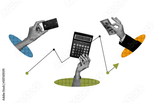 Foto Horizontal creative collage of three people hand hold credit card calculator ban