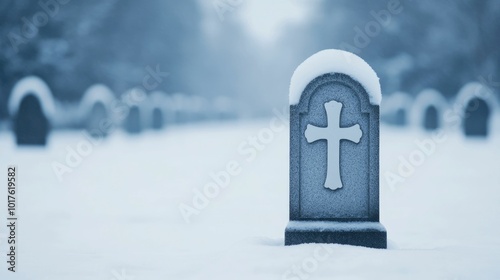 A serene snow covered graveyard with an untouched grave evoking a sense of remembrance mourning and contemplation in the deep silence and solitude of the winter landscape