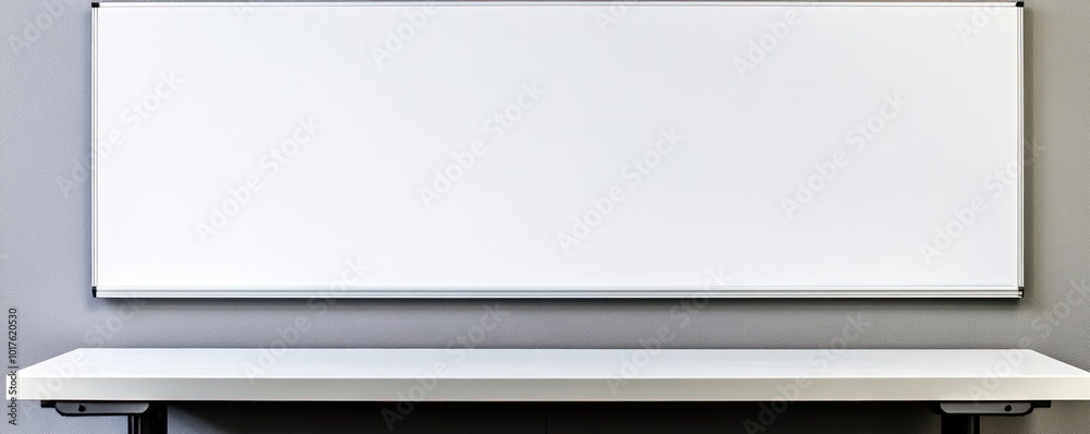 A blank whiteboard mounted on a wall with a table underneath, ready for presentations.