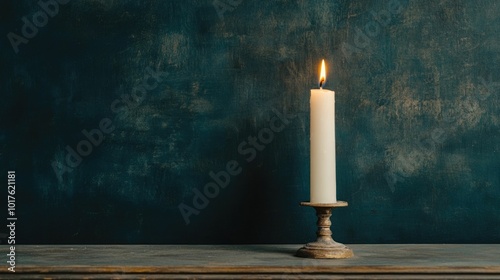 A single candle flame slowly melting in front of a portrait creating a somber and contemplative atmosphere as a symbol of remembrance and tribute