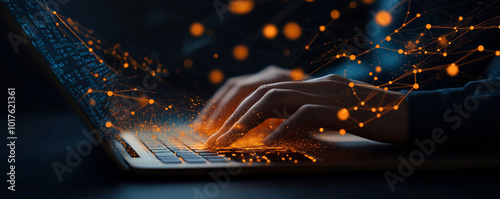 Man typing on laptop, data flow background, network business. AI generation.