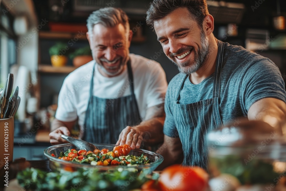 Smiling young Caucasian man and older dad in aprons cooking vegetable healthy salad for dinner together. Happy grownup son with mature father prepare delicious food meal at home, Generative AI