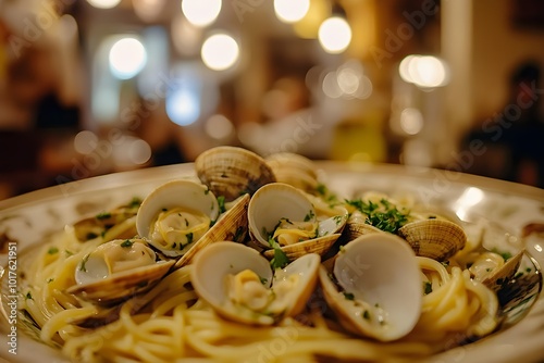 Zoom-in shot of spaghetti alle vongole, vibrant clams and parsley sprinkled on top, resting on a beautiful Sicilian tiled table, with hints of an old-world kitchen softly blurred behind photo