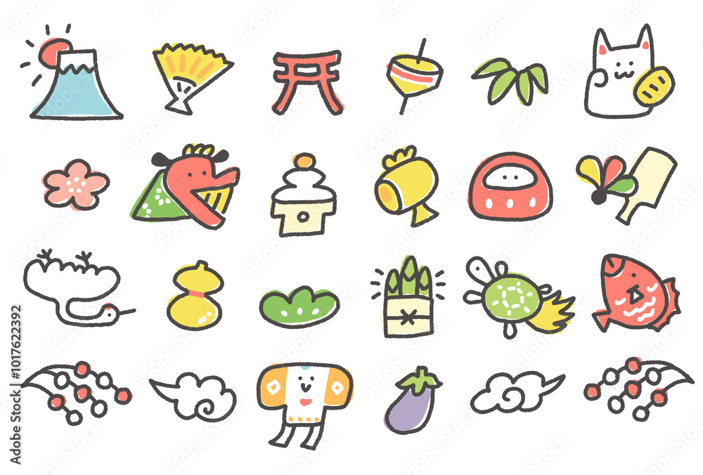 かわいい手描きの日本の縁起物の線画アイコンセット
