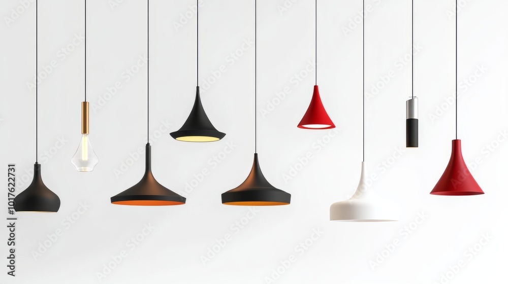 A stylish set of contemporary hanging lamps, varying in shapes and designs, on a white background, ideal for a minimalist lighting banner layout.