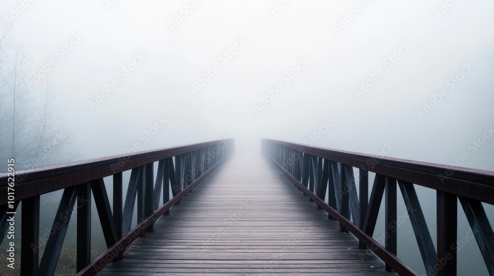 Obraz premium A mystical and surreal fog covered bridge stretching into the unknown