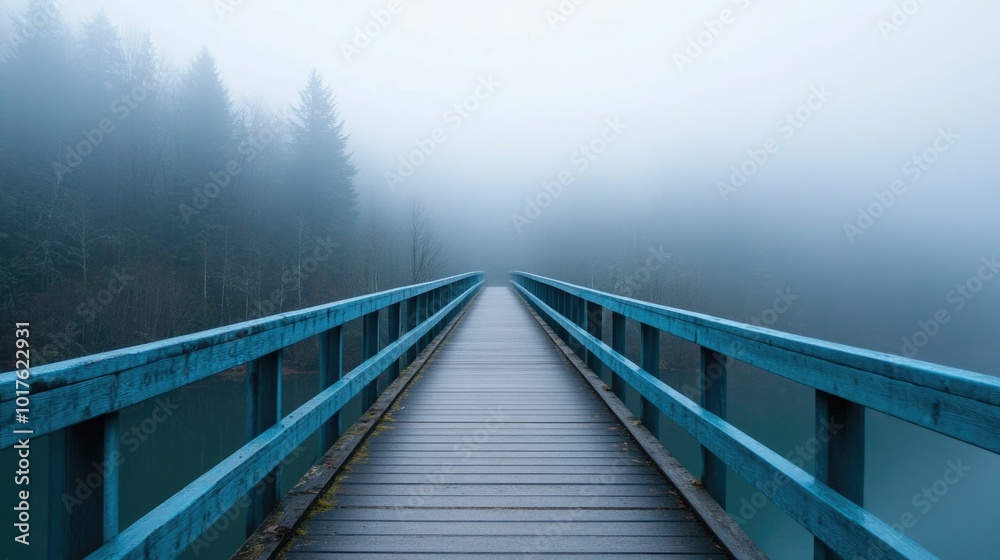A fog covered wooden bridge stretching into the distance creating an atmosphere of mystery and uncertainty as it disappears into the ethereal mist A fog covered wooden bridge stretching into the distance creating an atmosphere of mystery and uncertainty as it disappears into the ethereal mist