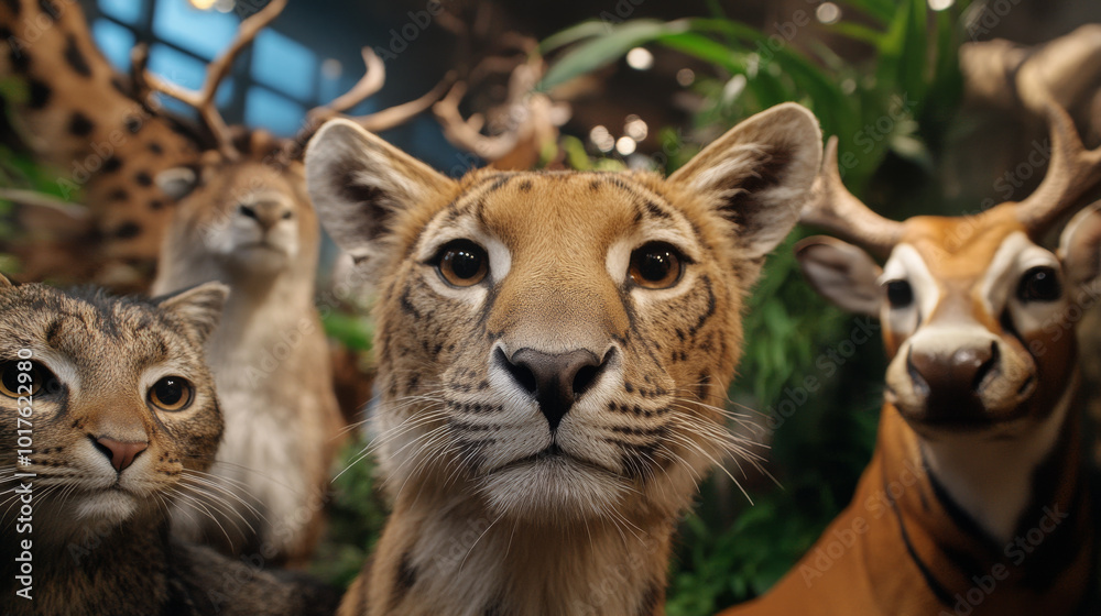 A collection of taxidermied exotic animals, displayed in a museum setting with detailed plaques explaining each species. A collection of taxidermied exotic animals, displayed in a museum setting with detailed plaques explaining each species.