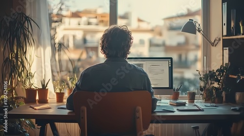 A pensive Caucasian man working at his desk, surrounded by peaceful greenery in soft light.