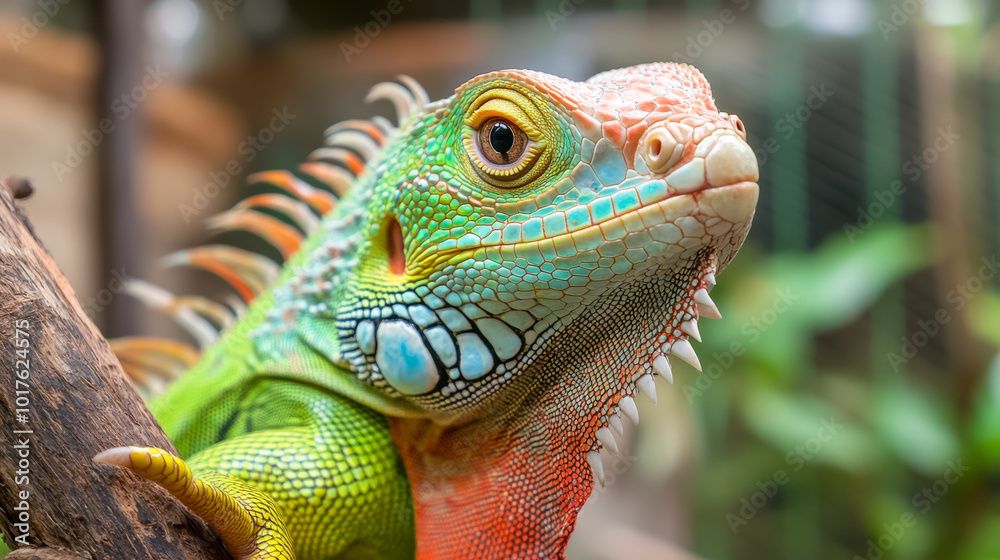Fototapeta premium A friendly exotic pet adoption center, showcasing various animals like reptiles and birds in spacious enclosures, while families interact with the pets.
