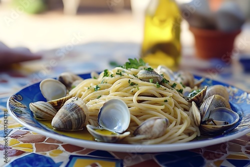 Zoom-in shot of spaghetti alle vongole, vibrant clams and parsley sprinkled on top, resting on a beautiful Sicilian tiled table, with hints of an old-world kitchen softly blurred behind