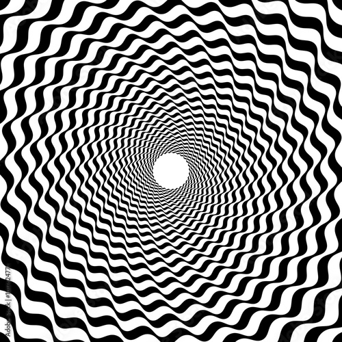 Psychedelic hypnotic pattern background of spiral swirl and vortex, vector illusion effect. Hypnotic tunnel with spiral circles and twirls or black white wave pattern for psychedelic optical illusion