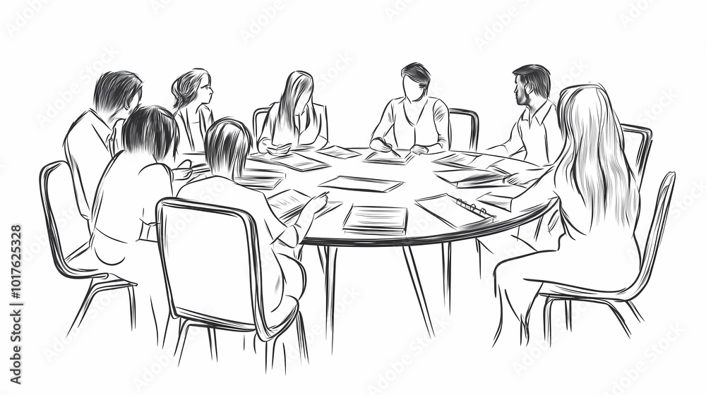 A diverse group of professionals engaged in a meeting around a table. A diverse group of professionals engaged in a meeting around a table.