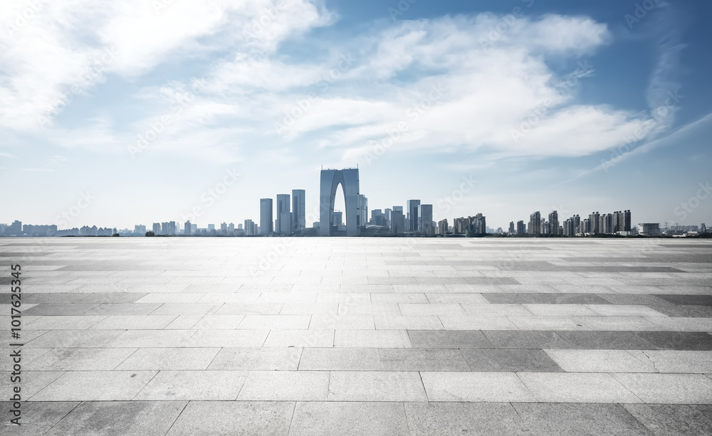 Serene City Skyline with Sleek Architecture Under a Bright Sky