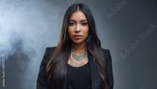  Trendy hispanic female model, with long hair, wearing plain black t-shirt and black blazer jacket 