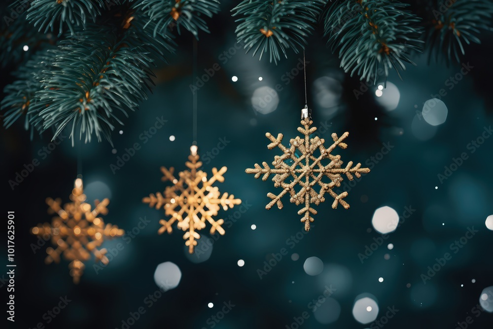 Beautiful golden shiny snowflakes on the background of a dark green Christmas tree. Christmas and New Year Decorations. Beautiful golden shiny snowflakes on the background of a dark green Christmas tree. Christmas and New Year Decorations.