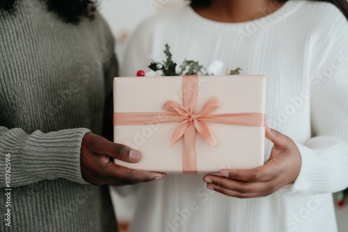 Close-up of hands holding a peach-wrapped gift with greenery. photo