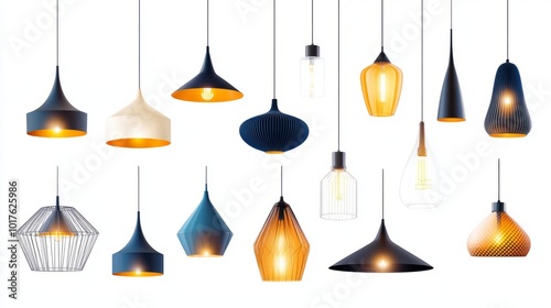 Set of various modern hanging lamps in different styles and shapes, displayed against a clean white background. Perfect for interior design and lighting concepts. Banner design.