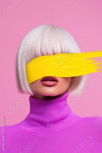 Modern art portrait with pink background and bold yellow streak. photo