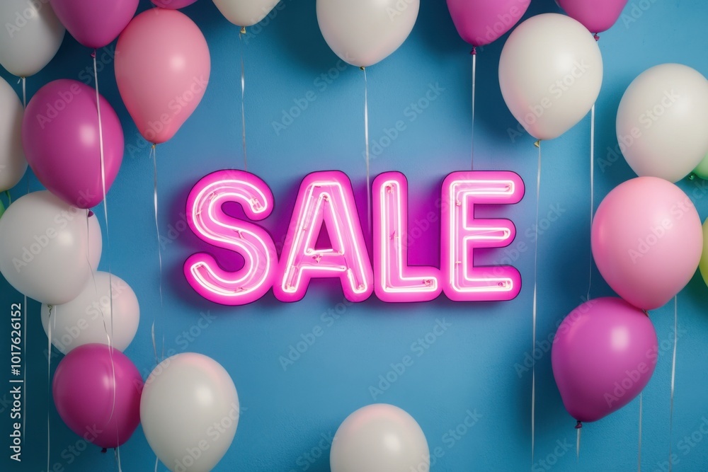 Pink neon sign sale surrounded by colorful balloons on blue background Pink neon sign sale surrounded by colorful balloons on blue background