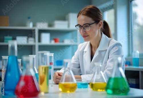  Female researcher wearing a white lab coat, concentrating on laboratory work with various flasks containing vibrant liquids, symbolizing cutting-edge scientific investigation.