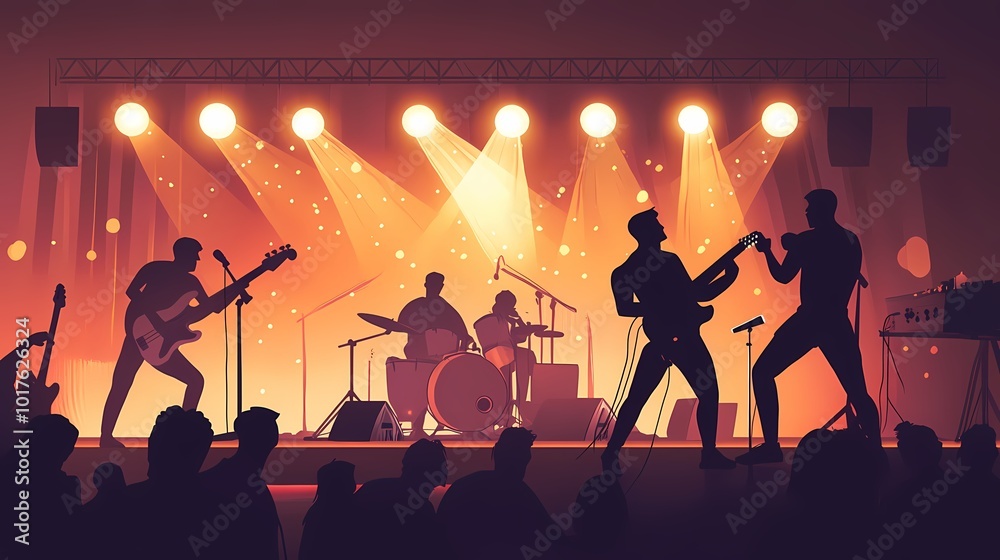 Fototapeta premium Silhouettes of a rock band performing on stage with vibrant lighting.