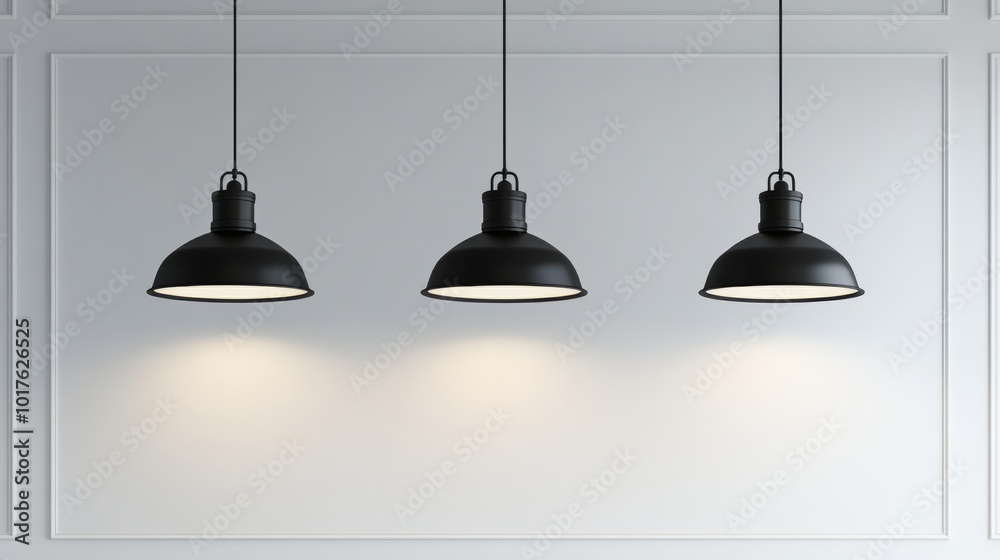 Obraz premium Three black pendant lights hanging symmetrically in front of a plain white wall, perfect for a clean and modern lighting mockup. 3D rendering.
